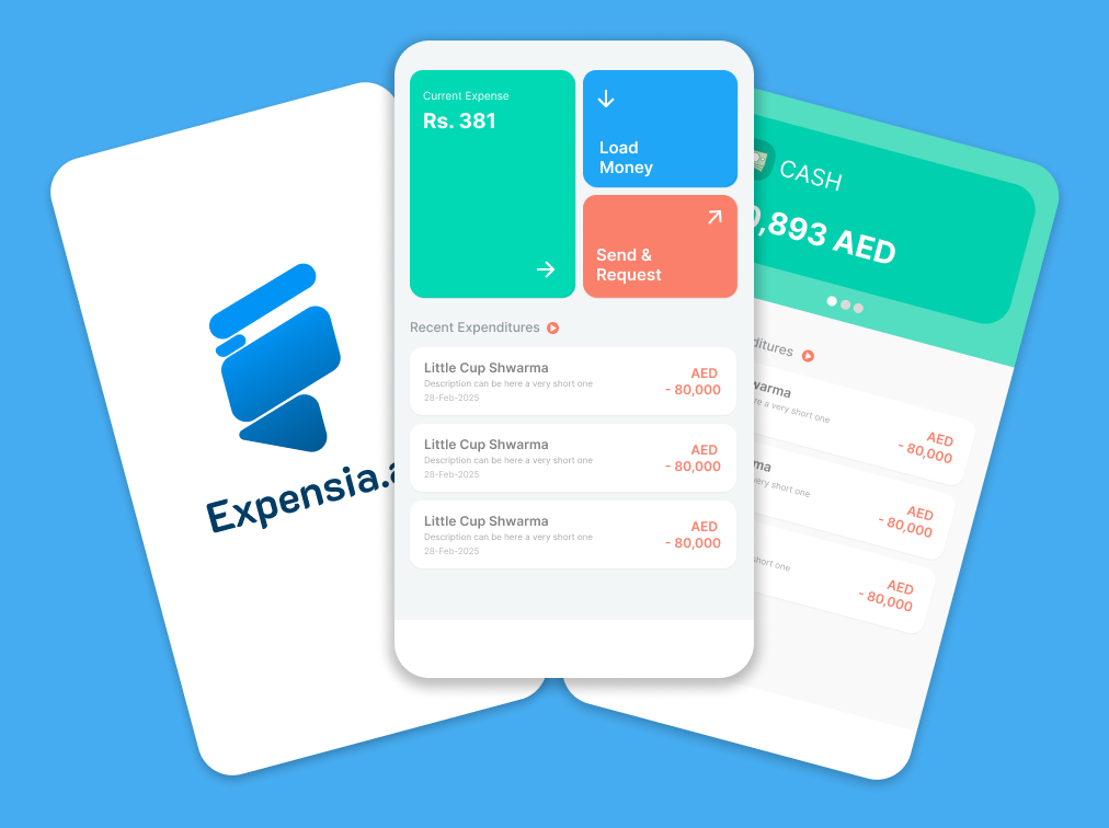 Expensia.ai mobile UI: current expense dashboard, load money, send and request, and cash account balance