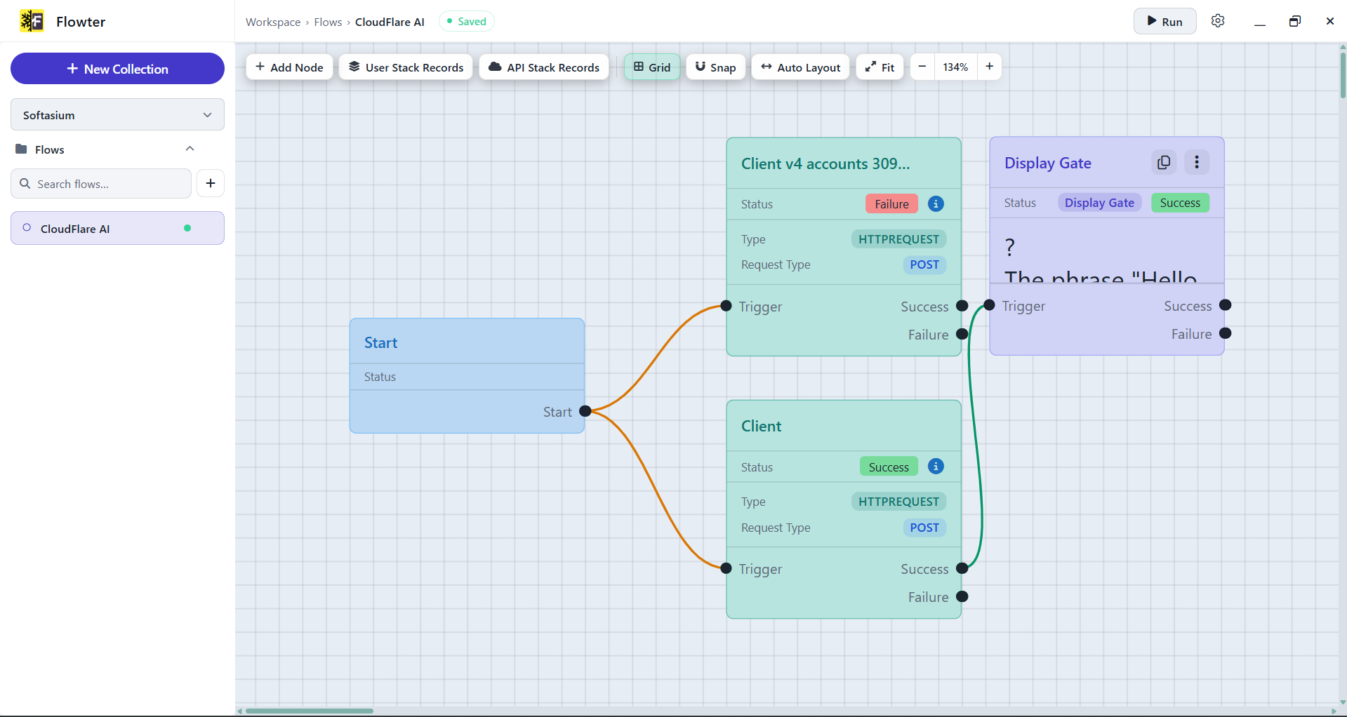 Flowter light theme canvas for the CloudFlare AI flow