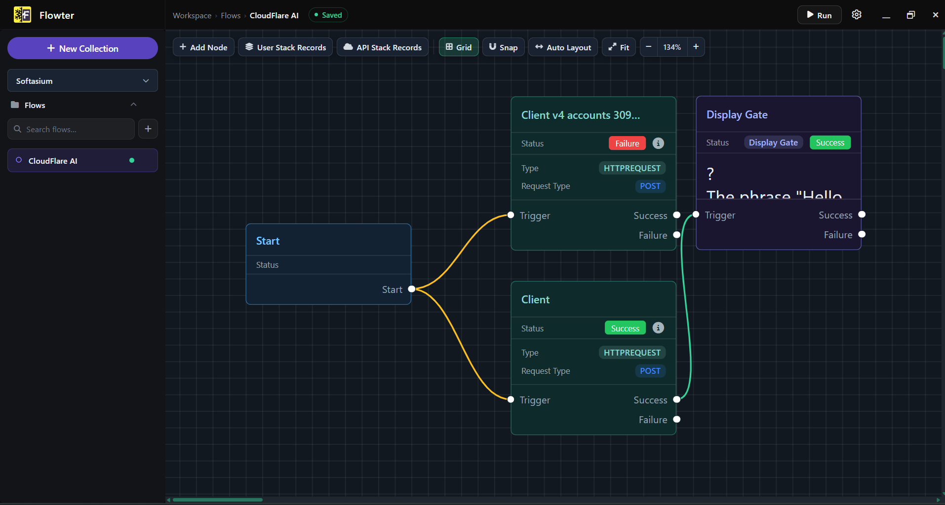 Flowter dark theme canvas for the CloudFlare AI flow