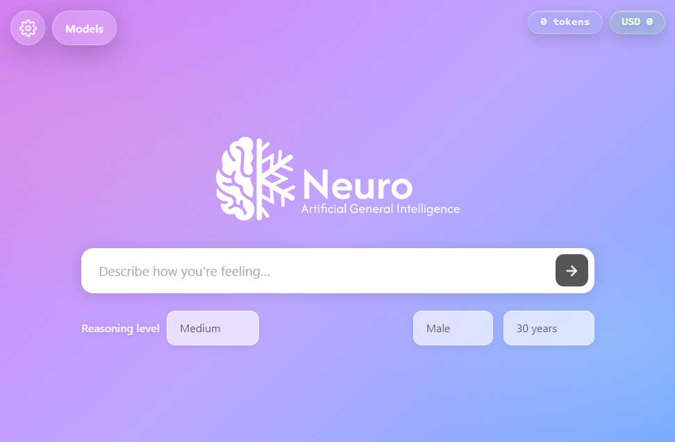 NeuroAGI home screen with health input, reasoning level, gender and age controls, and usage pills