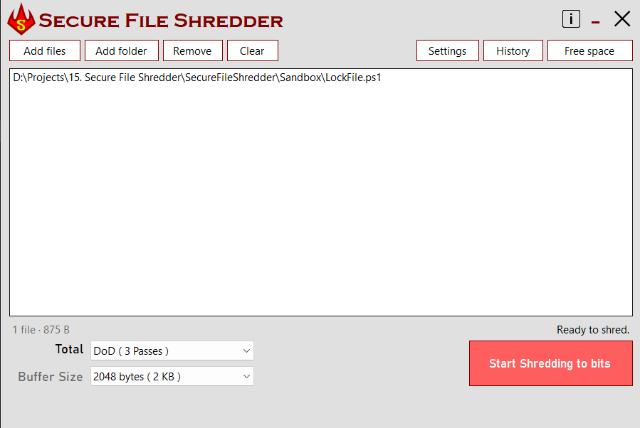 Secure File Shredder main menu with file queue, pass count, and buffer settings
