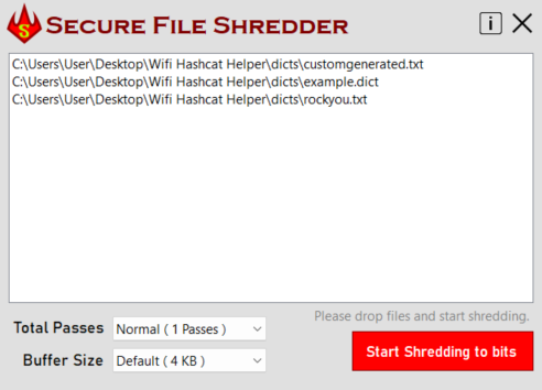 Secure File Shredder main menu with file queue, pass count, and buffer settings