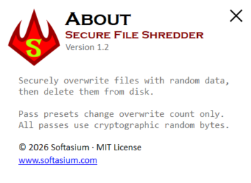 Secure File Shredder About screen with application information