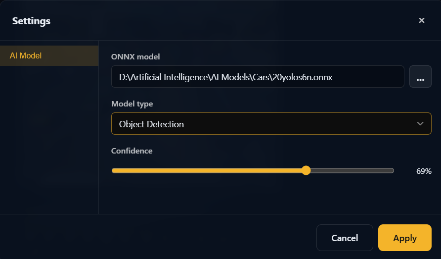 VisionForge AI Model settings