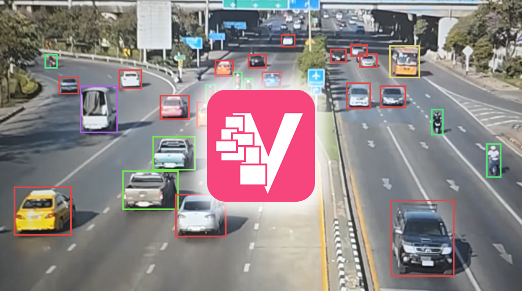 VisionForge logo over bounding boxes on highway traffic