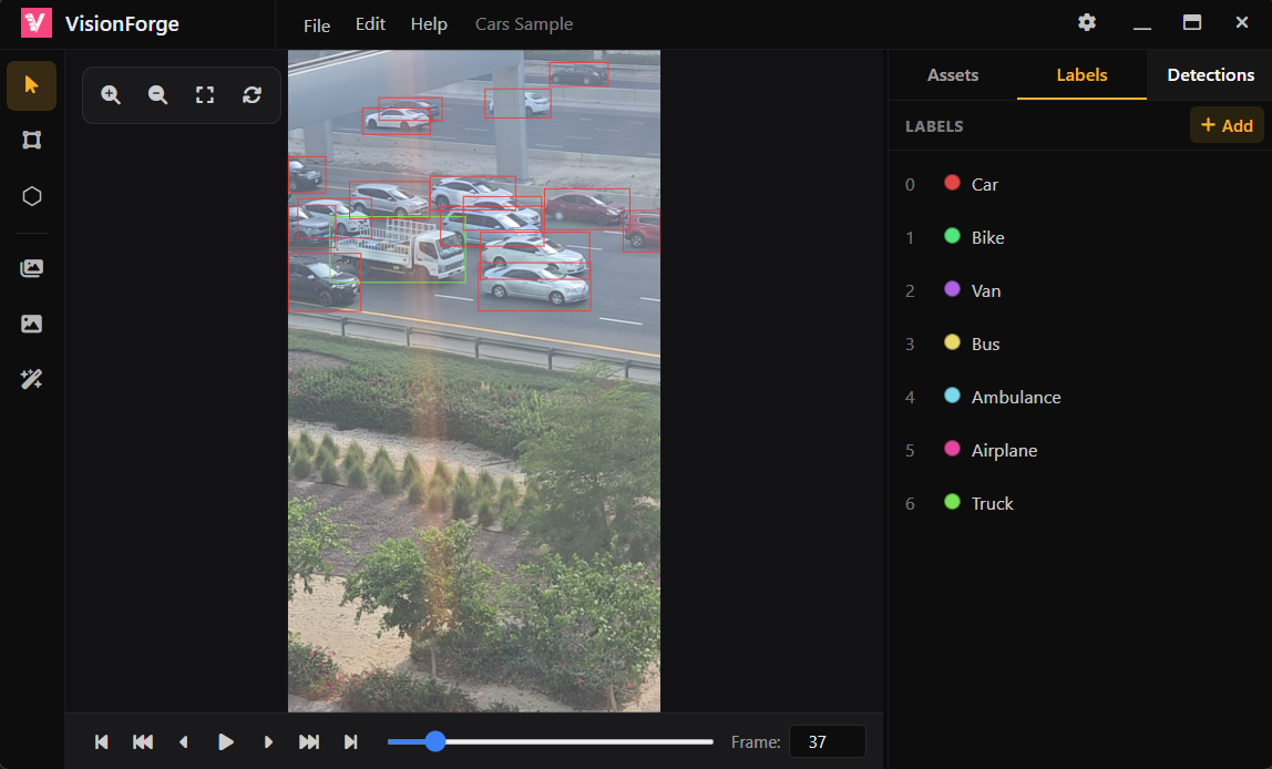 VisionForge desktop workspace showing a highway scene with labeled vehicles, Labels tab, and playback bar